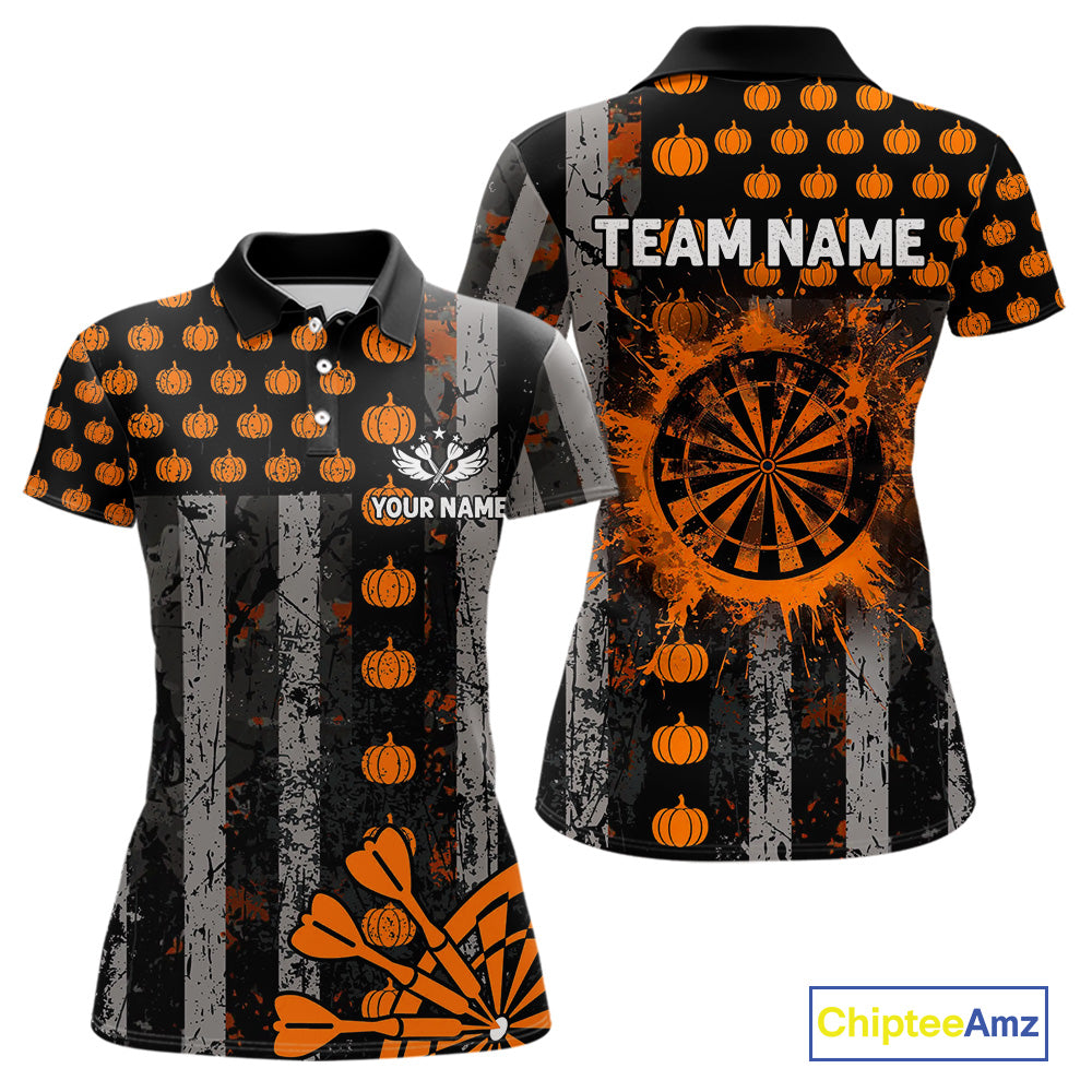Personalized Orange Grunge US Flag Pumpkin Darts Shirt For Women, Halloween Darts Jersey Outfit TDM4502