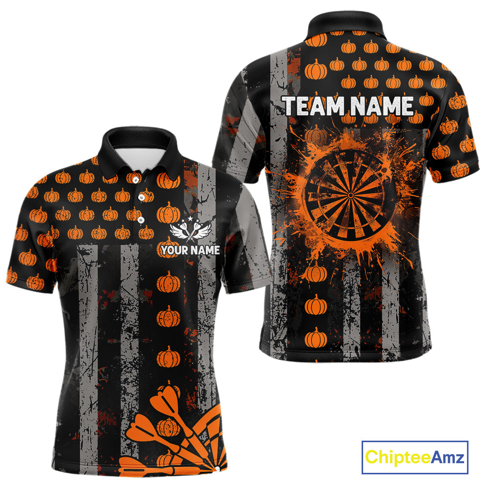 Personalized Orange Grunge US Flag Pumpkin Darts Shirt For Men, Halloween Darts Jersey Outfit TDM4502