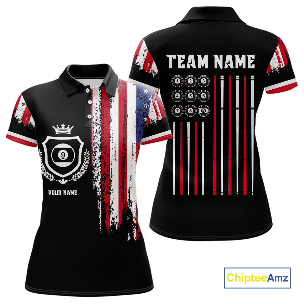 Personalized Grunge American Flag 9 Ball Pool Team Shirt For Women Custom Patriotic Billiard Shirts TDM4733