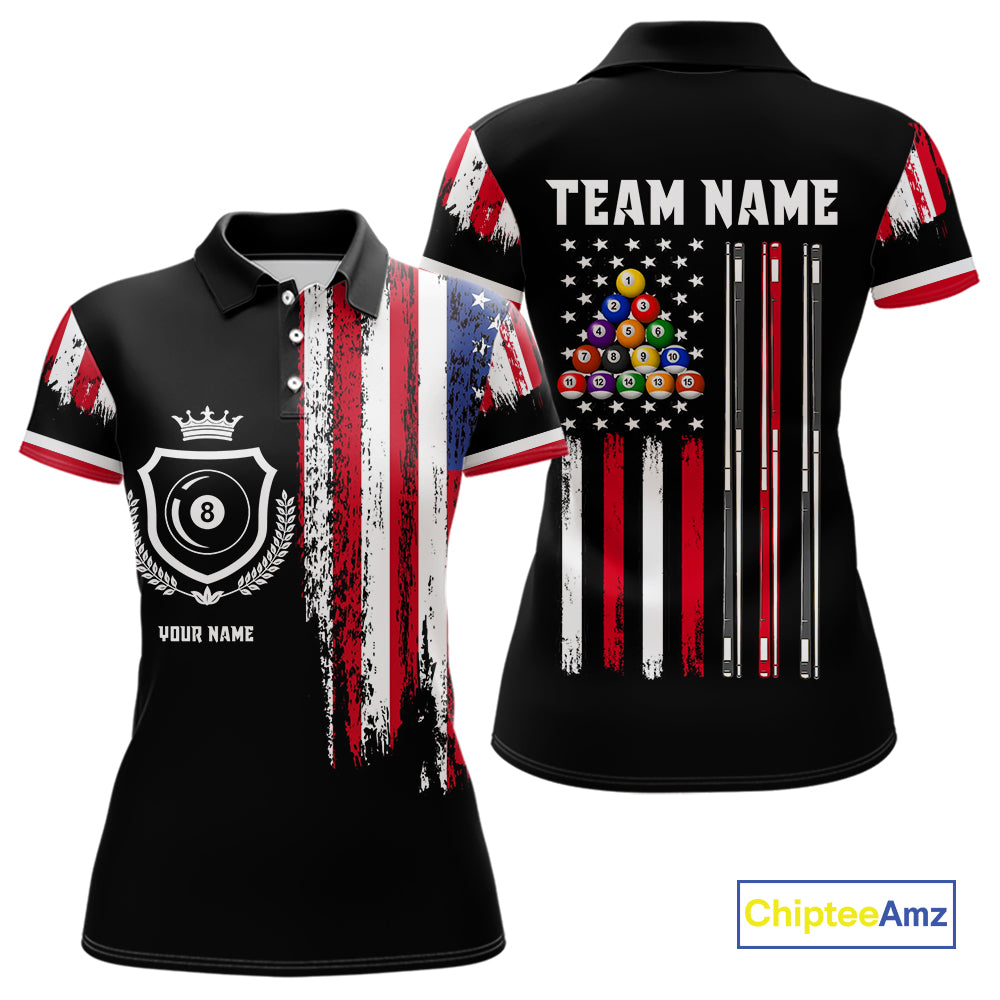 Personalized Grunge American Flag 9 Ball Pool Team Shirt For Women Custom Patriotic Billiard Shirts TDM4734