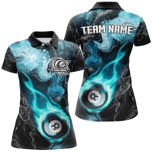 Turquoise 8 Ball Pool Fire Flame Abstract Pattern Custom Women Billiard Shirts, Billiard Team Jerseys TDM2669