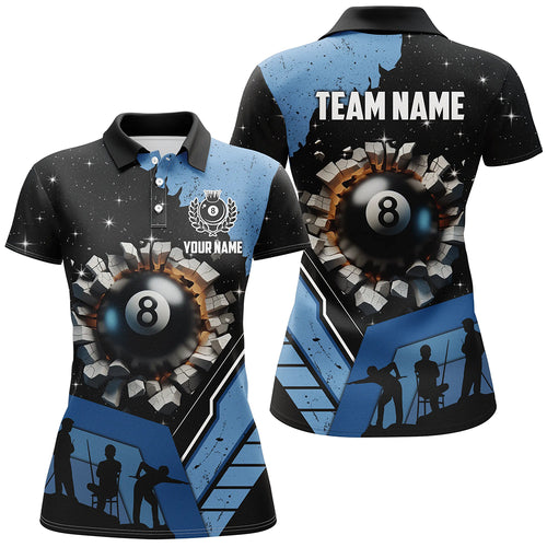 Personalized Blue Funny 8 Ball Pool Crack Women Polo Shirts Custom Team League Billiard Jersey TDM1379