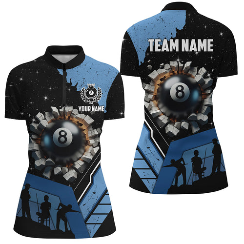 Blue Funny 8 Ball Pool Crack Women Quarter-Zip Shirts Custom Team League Billiard Jersey TDM1379