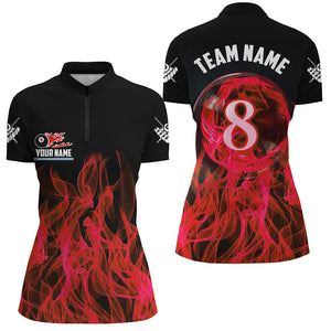 Red Flaming 8 Ball Pool Custom Women Billiard Polo & 1/4 Zip Shirts, 3D Pool Player Shirts Jerseys TDM2434