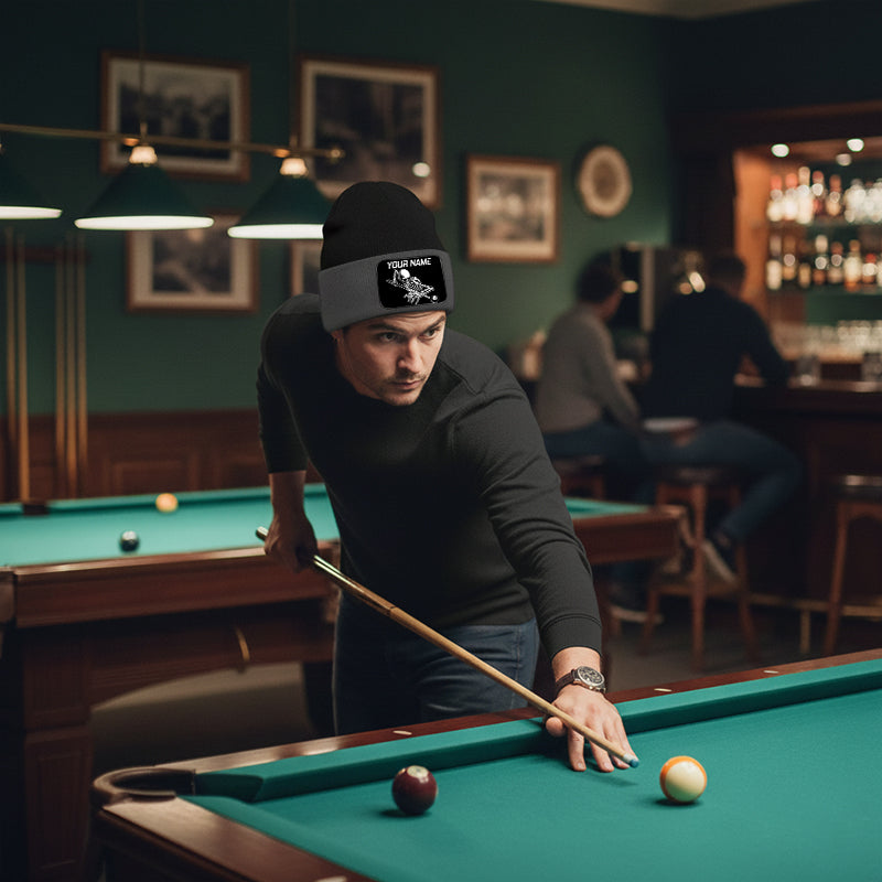 Personalized Skull 8 Ball Billiard Knit Beanie Hat With Rectangle Patch Custom Billiard Knit Cap TDM4940