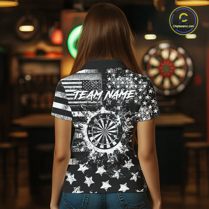 Custom Black Grunge US Flag Patriotic Darts Shirt For Women, Retro Darts Board Darts Team Jerseys TDM3155