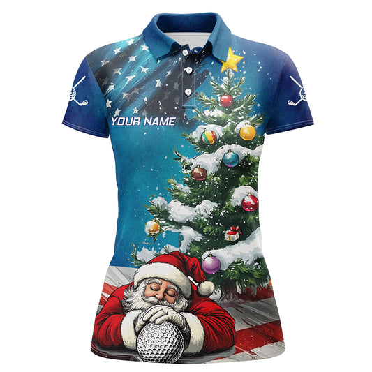 American Flag Christmas Golf Polo Shirts For Women Custom Santa Christmas Pine Tree Funny Golf Shirts TDM3160