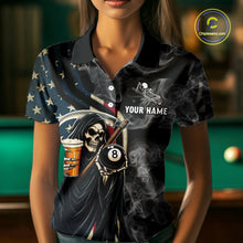 Load image into Gallery viewer, US Flag Grim Reaper Smoke Billiard Shirt For Women Custom 8 Ball Pool Team Jersey Polo &amp; 1/4 Zip TDM6258