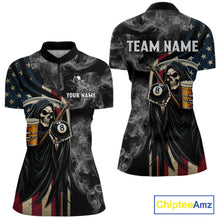 Load image into Gallery viewer, US Flag Grim Reaper Smoke Billiard Shirt For Women Custom 8 Ball Pool Team Jersey Polo &amp; 1/4 Zip TDM6258