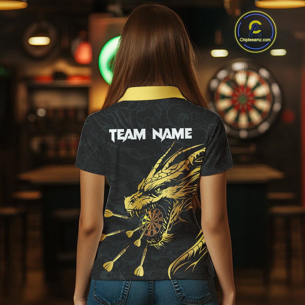 Personalized Black Gold Dragon Dart Shirts For Women Custom Darts League Team Jersey Polo & 1/4 Zip TDM4142