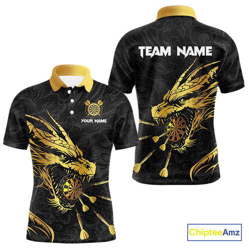 Personalized Black Gold Dragon Dart Shirts For Men Custom Darts League Team Jersey Polo & 1/4 Zip TDM4142