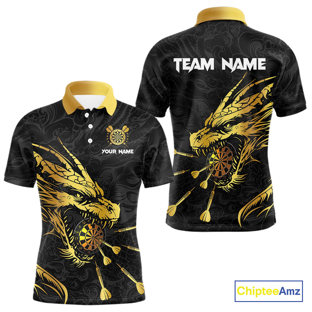Personalized Black Gold Dragon Dart Shirts For Men Custom Darts League Team Jersey Polo & 1/4 Zip TDM4142