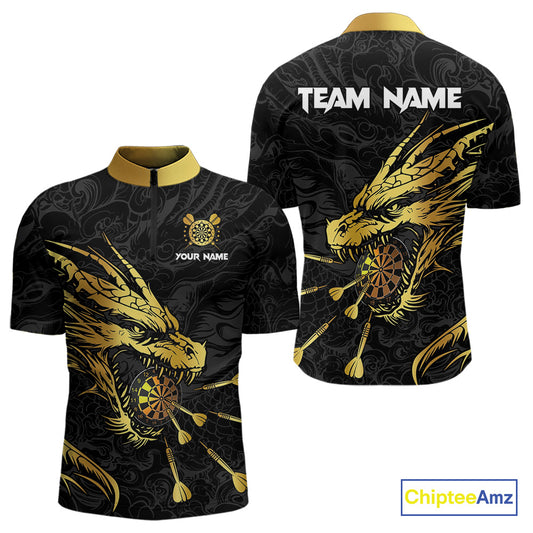 Personalized Black Gold Dragon Dart Shirts For Men Custom Darts League Team Jersey Polo & 1/4 Zip TDM4142