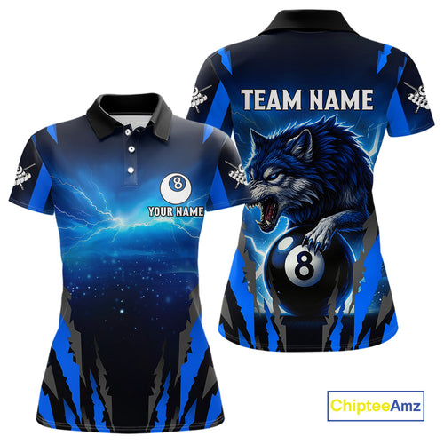 Personalized Thunder Lightning Wolf Billiard Shirt For Women, 8 Ball Billiard Team Jerseys |Blue TDM4520