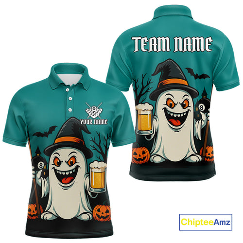 Custom Billiard Shirt Halloween Ghostly Beer Polo & 1/4 Zip For Men, Funny 8 Ball Pool Team Jersey TDM4943