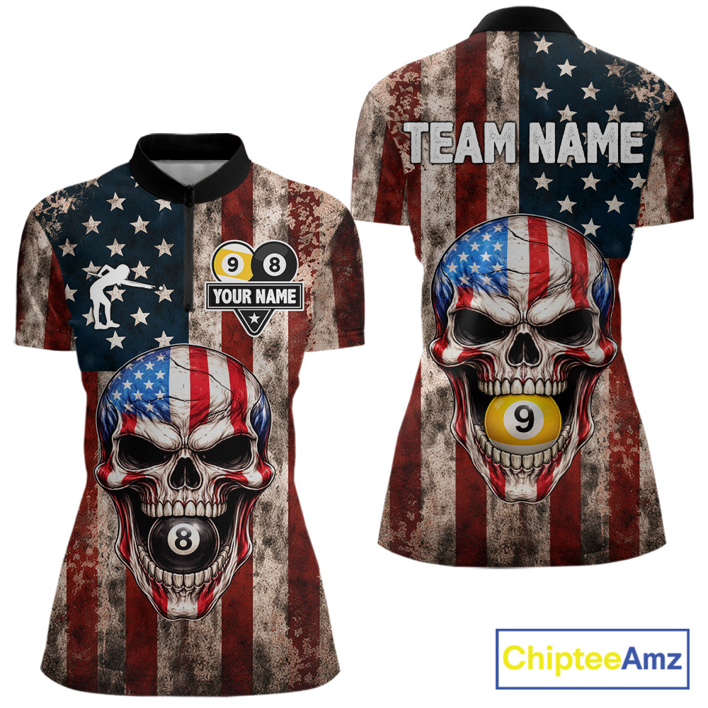 Vintage American Flag Skull 8 Ball 9 Ball Billiard Shirt For Women Custom Patriotic Pool Team Jersey TDM5656