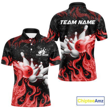 Red Flaming Bowling Jersey For Men Custom Fire Bowling Pin Team Jersey Polo & Quarter Zip Shirts TDM6268