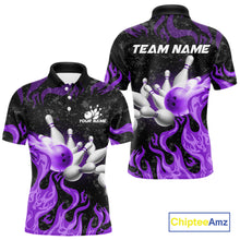 Load image into Gallery viewer, Purple Flaming Bowling Jersey For Men Custom Fire Bowling Pin Team Jersey Polo &amp; Quarter Zip TDM6269