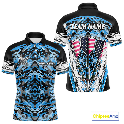Blue Grunge Camo Funny US Flag Arrows Darts Shirt For Men Custom Darts Jersey Team Shirts TDM4524