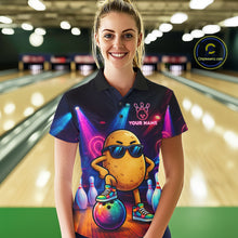 Load image into Gallery viewer, Woman wearing personalized funny potato neon bowling team jersey polo shirt featuring colorful neon potato artwork, front view.