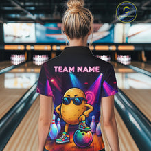 Load image into Gallery viewer, Woman wearing personalized funny potato neon bowling team jersey quarter zip shirt featuring colorful neon potato artwork, front view.