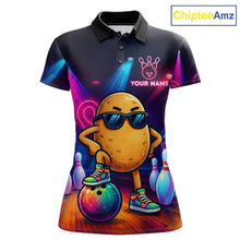 Load image into Gallery viewer, Personalized funny potato neon bowling team jersey polo shirt for women featuring a colorful neon potato character design, premium custom bowling league apparel, perfect bowling gifts for tournaments and league play.