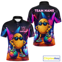 Load image into Gallery viewer, Personalized funny potato neon bowling team jersey polo shirt for men featuring a colorful neon potato character design, premium custom bowling league apparel, perfect bowling gifts for tournaments and league play.
