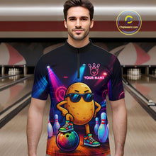 Load image into Gallery viewer, Man wearing personalized funny potato neon bowling team jersey quarter zip shirt featuring colorful neon potato artwork, front view.