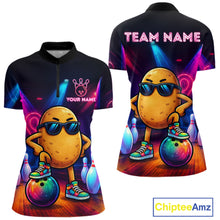 Load image into Gallery viewer, Personalized funny potato neon bowling team jersey quarter zip shirt for women featuring vibrant neon potato artwork, premium custom bowling league apparel for competitive bowlers.