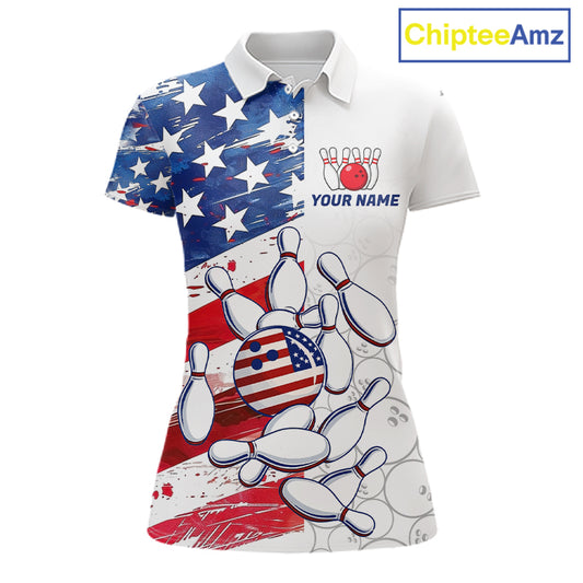 American Flag Patriotic Bowling Shirt For Women Custom Bowling Polo & Quarter Zip Team Shirts TDM6276