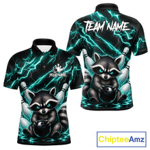 Load image into Gallery viewer, Turquoise neon lightning raccoon bowling polo shirt for men with custom bowling team graphics.