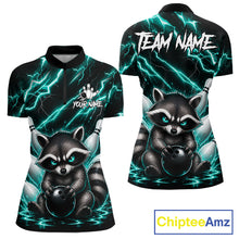 Load image into Gallery viewer, Turquoise neon lightning raccoon bowling quarter zip shirt for women built for league play and tournaments.