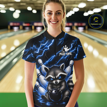 Woman wearing a blue neon lightning raccoon bowling quarter zip jersey during league competition front view.