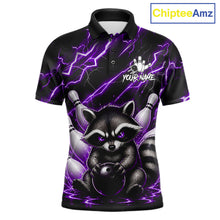 Load image into Gallery viewer, Purple neon lightning raccoon bowling polo shirt for men with custom bowling team graphics.