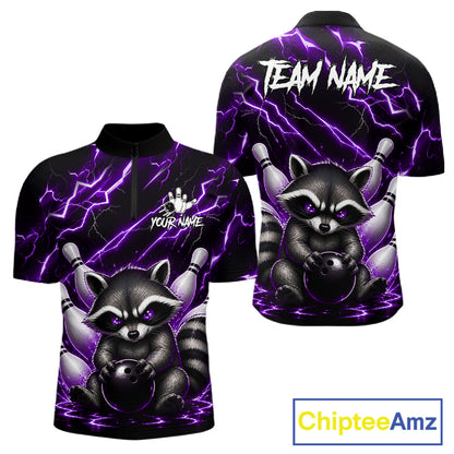 Purple neon lightning raccoon bowling quarter zip shirt for men built for league play and tournaments.