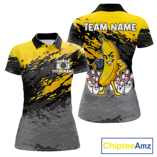 Yellow funny banana grunge bowling polo shirt for women with custom team graphics.
