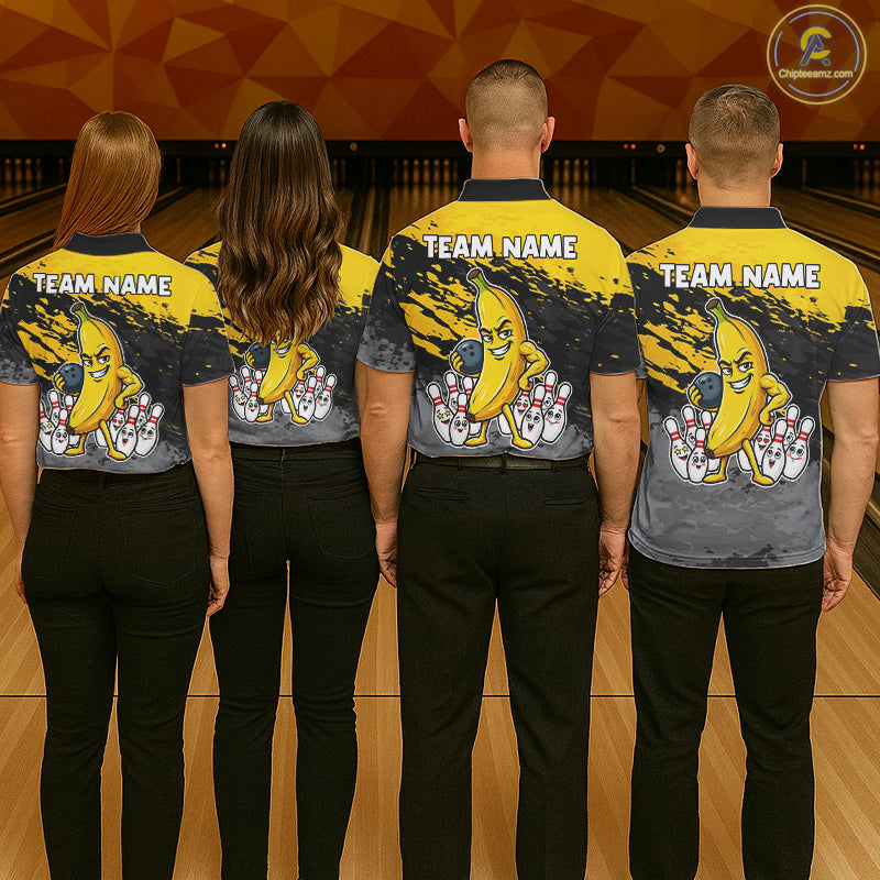 Back view of bowling team wearing matching yellow banana bowling shirts in a bowling alley.