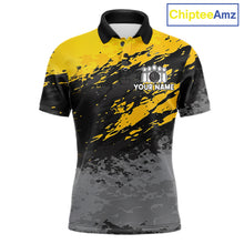Load image into Gallery viewer, Yellow funny banana grunge bowling polo shirt for men with custom team graphics.