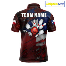 Load image into Gallery viewer, Retro Texas flag bowling polo shirt for men with custom bowling team graphics.