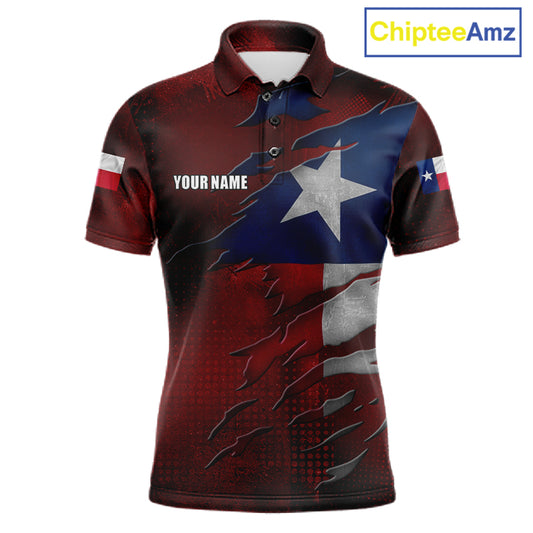 Retro Texas flag bowling polo shirt for men with custom bowling team graphics.