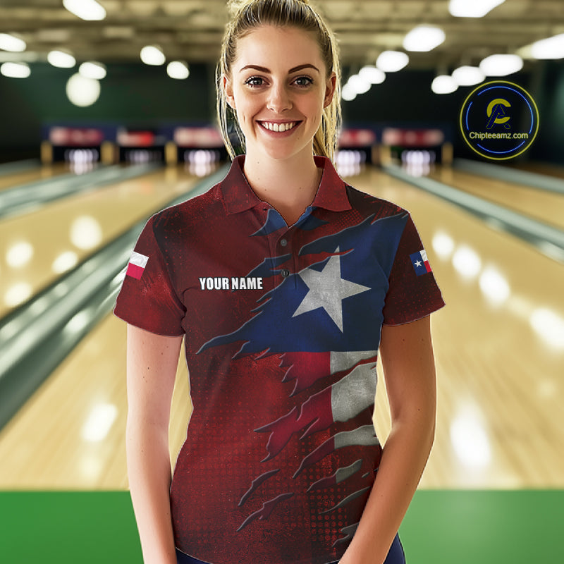 Woman wearing a retro Texas flag bowling polo shirt at a bowling alley front view.