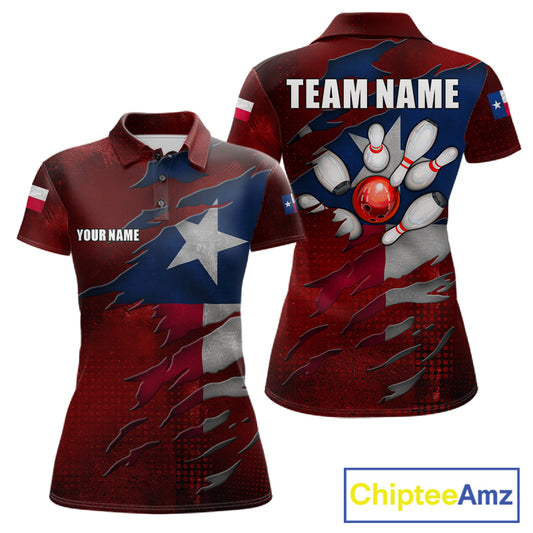 Retro Texas flag bowling polo shirt for women with custom bowling team graphics.