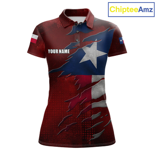 Retro Texas flag bowling polo shirt for women with custom bowling team graphics.