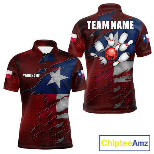 Retro Texas flag bowling polo shirt for men with custom bowling team graphics.