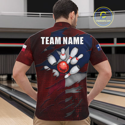Back view of man wearing a retro Texas flag bowling quarter zip shirt in a bowling alley.