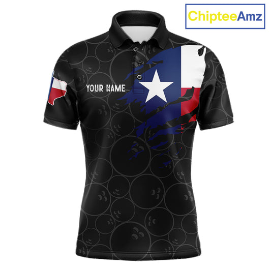 US flag Texas bowling polo shirt for men with patriotic bowling team graphics.
