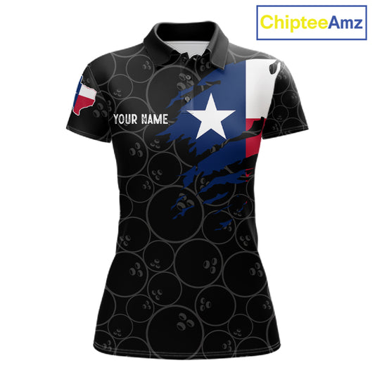 US flag Texas bowling polo shirt for women with patriotic bowling team graphics.