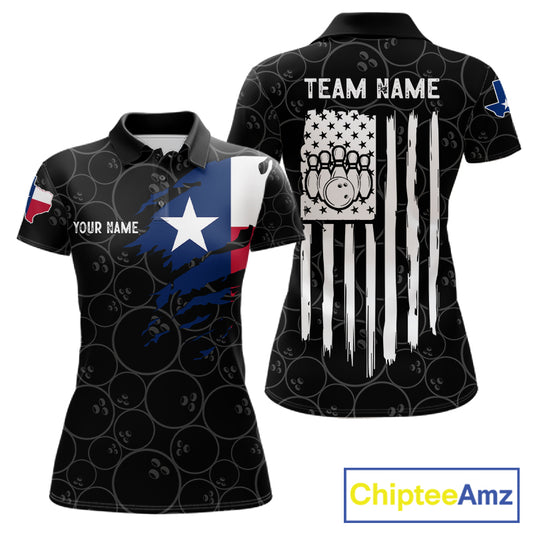 US flag Texas bowling polo shirt for women with patriotic bowling team graphics.
