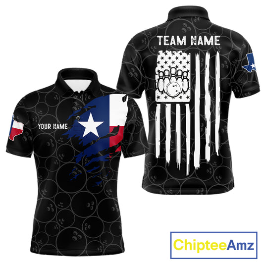 US flag Texas bowling polo shirt for men with patriotic bowling team graphics.