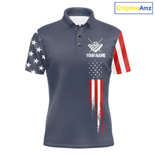 Load image into Gallery viewer, Personalized navy American flag 8 ball pool billiard team jersey polo shirt for men, custom patriotic pool league apparel and tournament jersey.